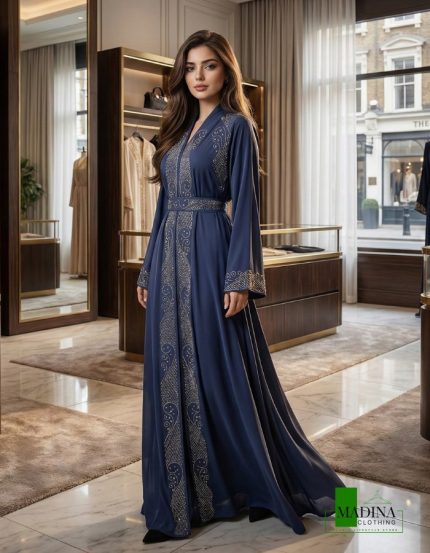 Yasmin Navy Blue Crystal Scroll Abaya