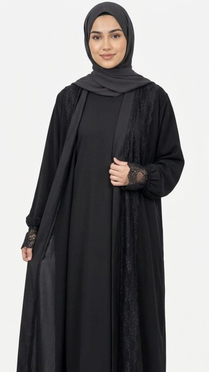 Open Outer Black Abaya with Lining